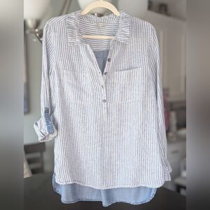 John Mark 100% Linen Blue-White Striped Henley Style High Low Tunic Shirt